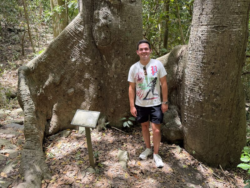 Max Gebauer standing beside the broad, buttressed trunk of a silk-cotton tree in a tropical forest