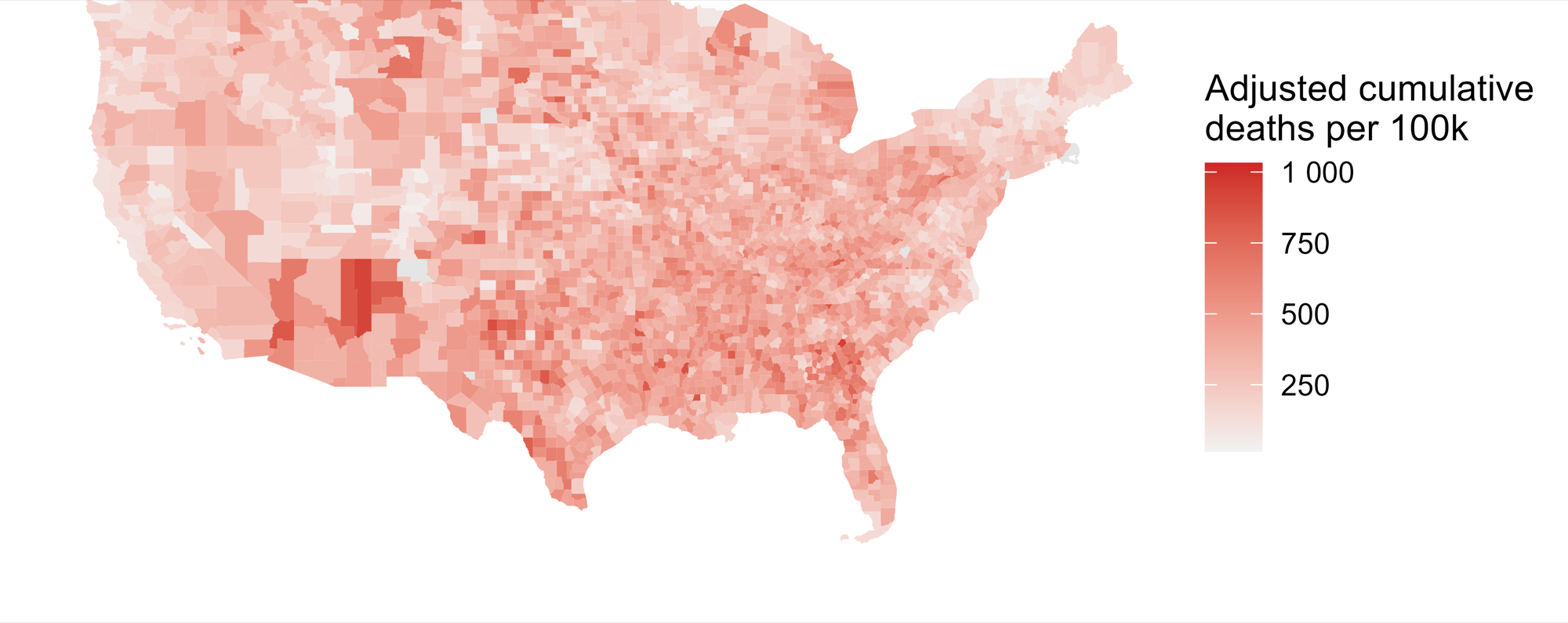 County choropleth map of the contiguous United States shaded from pale to dark red by adjusted cumulative COVID-19 deaths per 100,000 residents.
