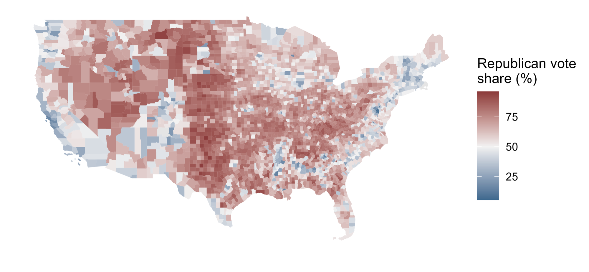 County choropleth map of the contiguous United States shaded blue to red by Republican presidential vote share, with higher shares shown in dark red.